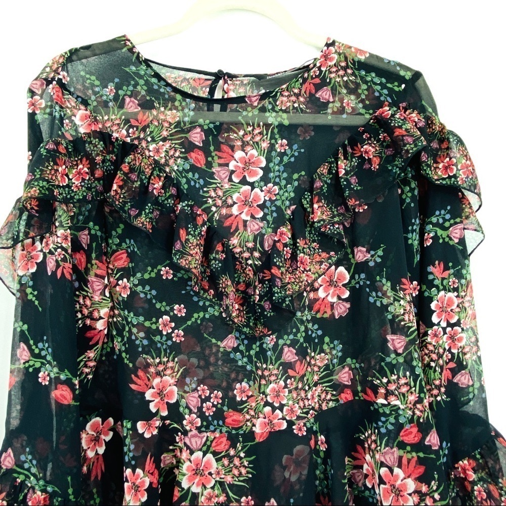 Zara Women Sheer Floral Long Sleeve Ruffled Layered Pink Black Cuffed Blouse SzM - Picture 4 of 15
